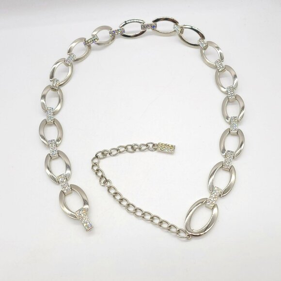 Women\'s Silver Chain Belt Crystal Rhinestone Oval Links Adjustable main image 8